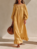 Women's Yellow White Vertical Stripe Cotton Linen Off Shoulder Balloon Sleeve Ruffle Hem Maxi Dress MDZ2468G4ZRK