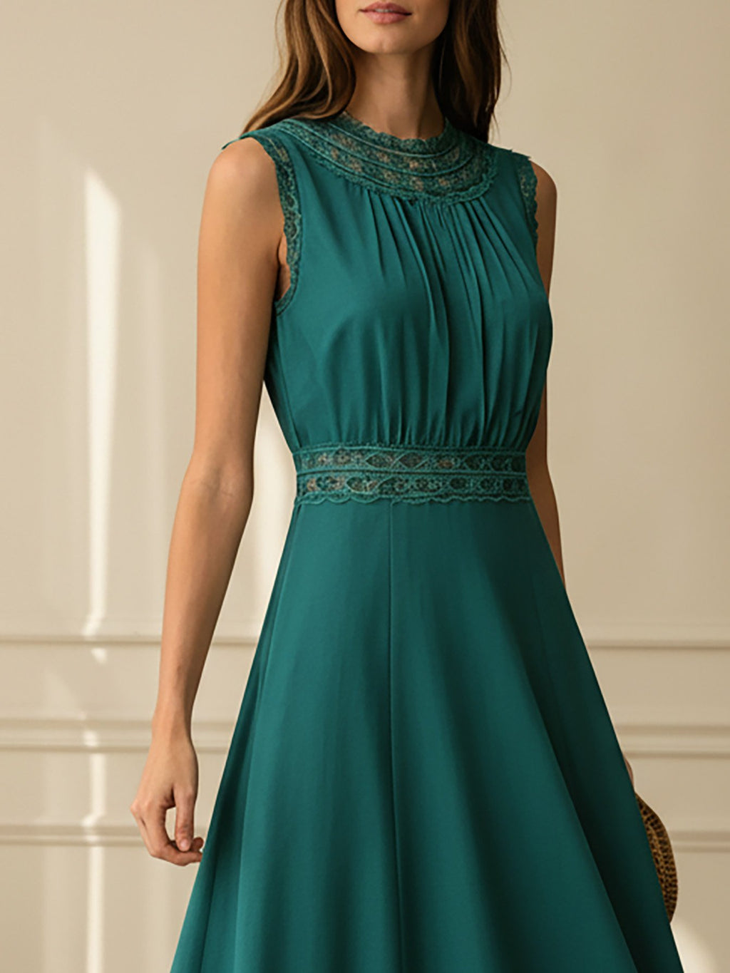 Maxi Linen Dress, Sleeveless, Crew Neck, Lace, Vintage, Green