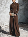 Women's Elegant Dark Brown Cotton Blend Front Zip Ruched Waist Maxi Dress MDZ1751G2GMJ
