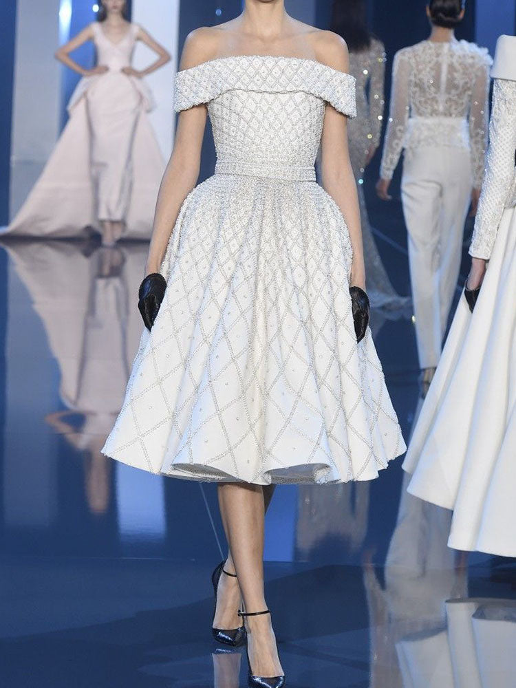 Wedding Short Sleeves Printing Shiny A-Line White Midi Dresses