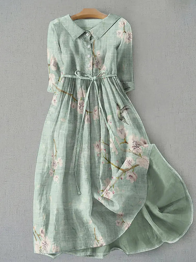 Retro Floral Graphics Print Lace-Up Dress