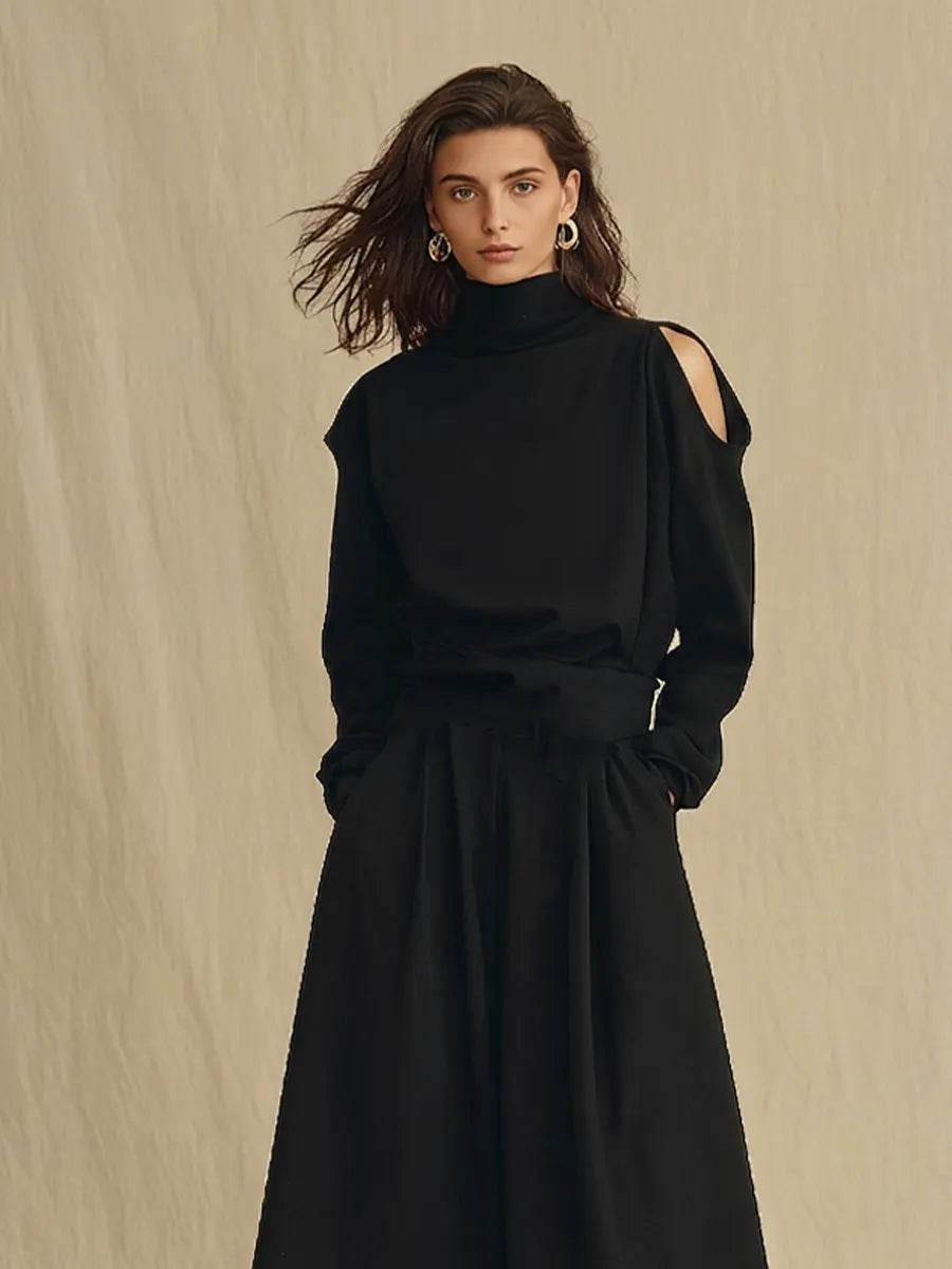 Women's Black Soft Woven Two-Piece Set With Turtleneck Cold Shoulder Long Sleeve Top & Side Pocket Skirt, Minimalist Elegant Smart Casual Matching Outfit MDZ0197G7LYL