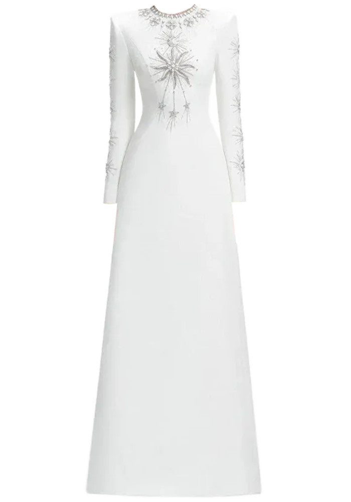 Long Sleeve Crystal Star Maxi Dress White