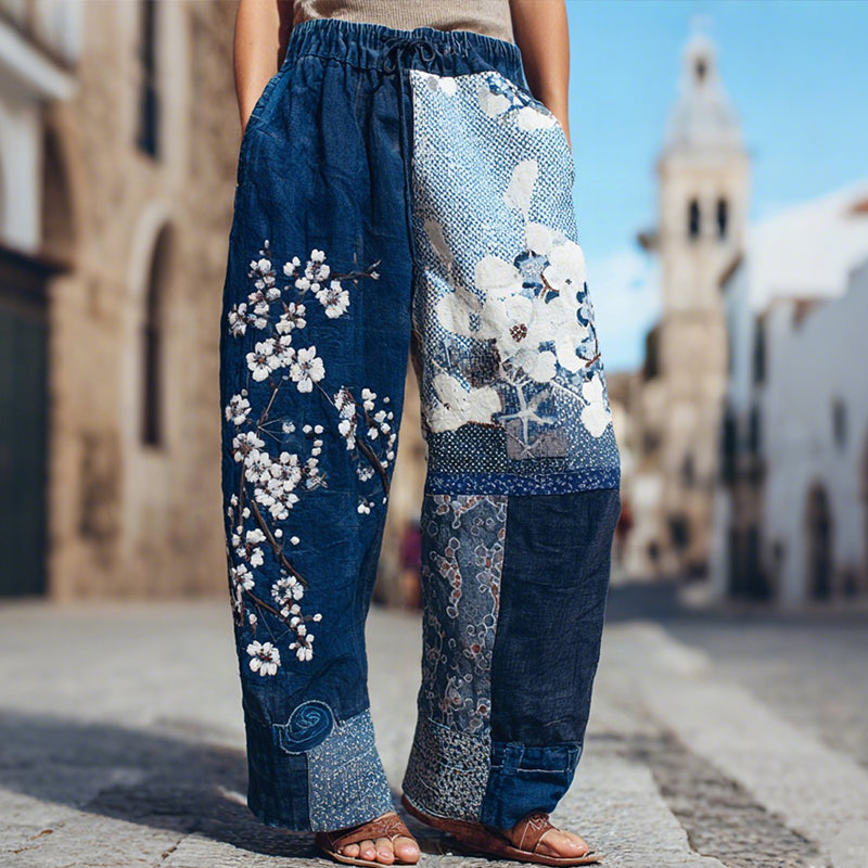 Women's Japanese Sashiko And Floral Pattern Linen Pants