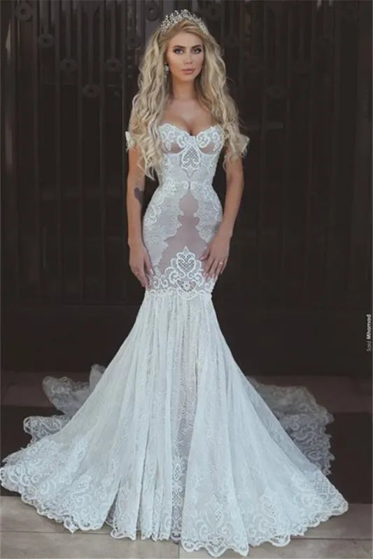 Daisda Sweetheart Mermaid Off-the-Shoulder Lace Wedding Dress With Lace-up Back