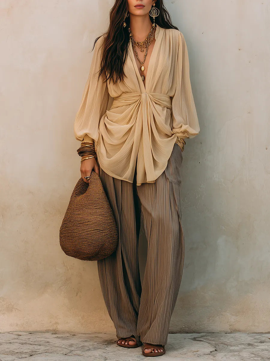 Beige Draped Blouse & Pleated  ¨C Effortless Boho Luxe Wide-Leg Pants