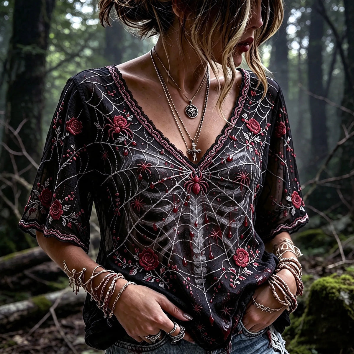 Women's Halloween-themed Spider, Rose, And Bone Print Top