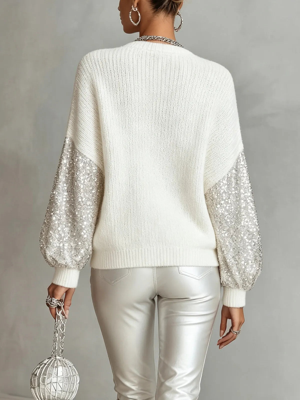 Ivory Sequin Sleeve Oversized Knit Sweater