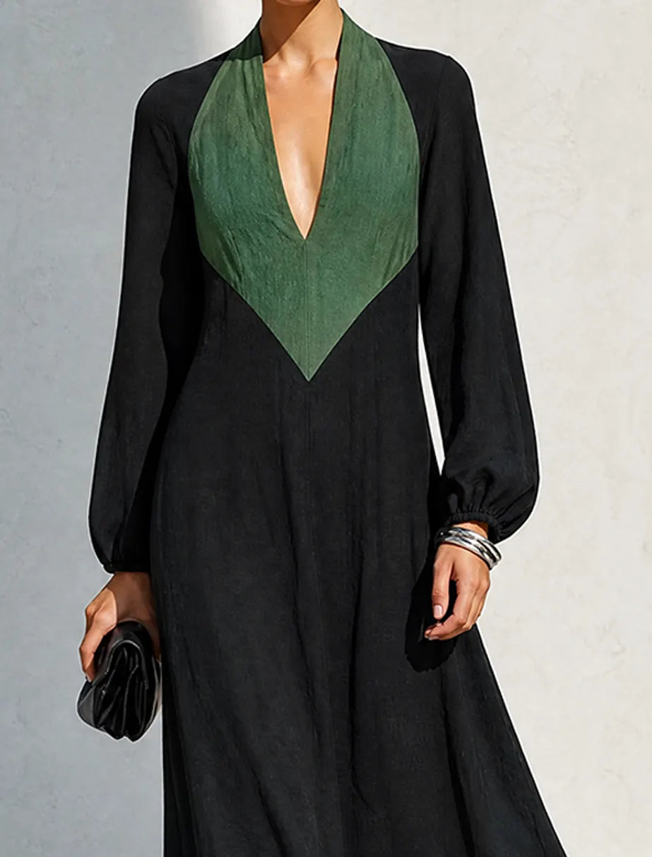 Women's Minimalist Black & Green Color-Block Linen Maxi Dress MDZ0715G1ZRK