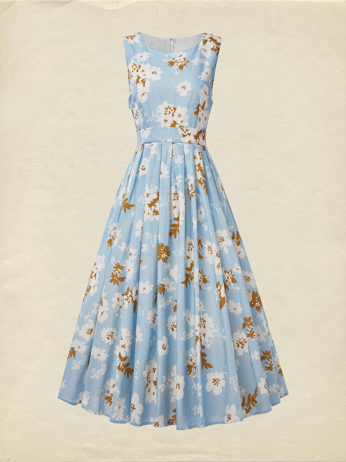 (SIZE:XS-XXL) Midi Linen Dress, Sleeveless, Round Neck, Floral, Pocket Design, Vintage, Blue