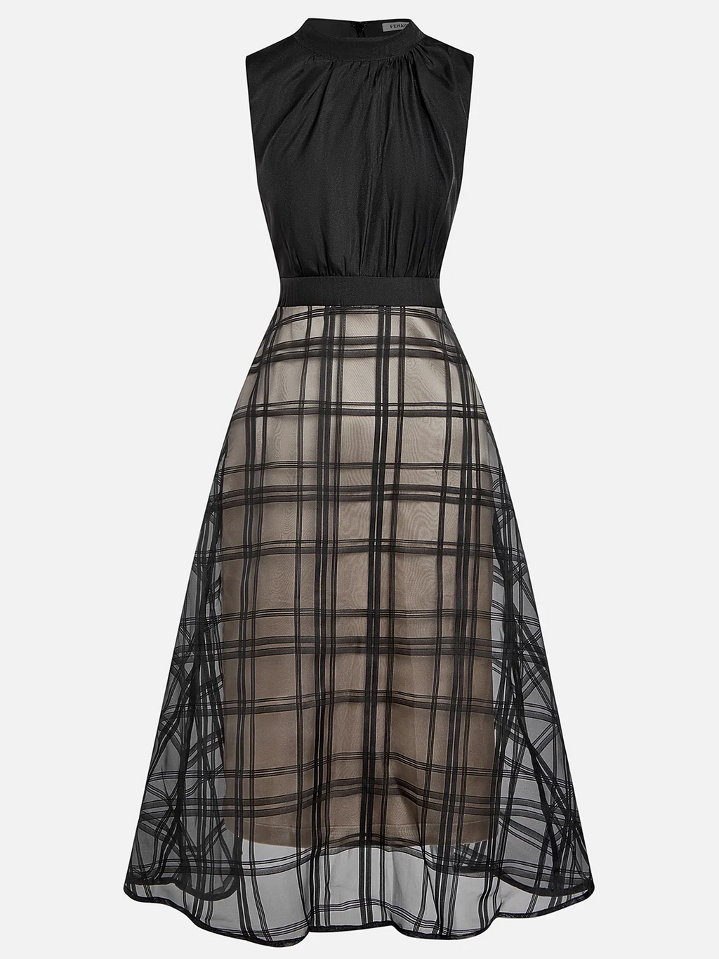 Black Organza Plaid Classic Mock Neck Sleeveless A-Line Midi Dress