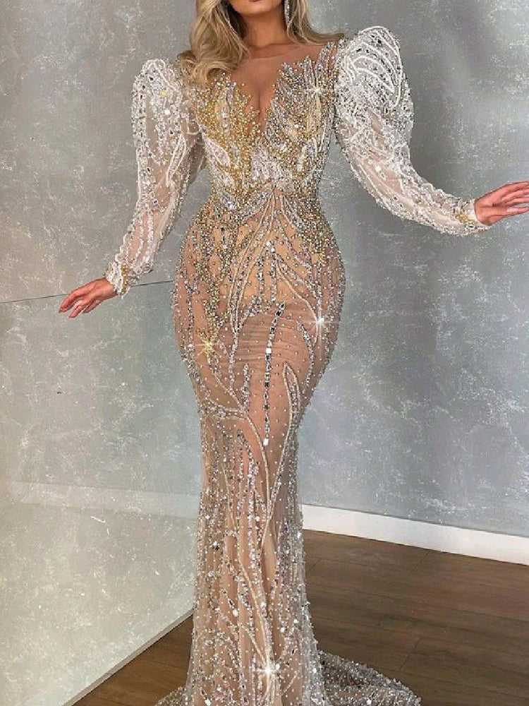 Stylish V-Neck Puff Sleeve Sequined Embroidered See-Through Wedding Maxi Dress