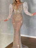 Stylish V-Neck Puff Sleeve Sequined Embroidered See-Through Wedding Maxi Dress