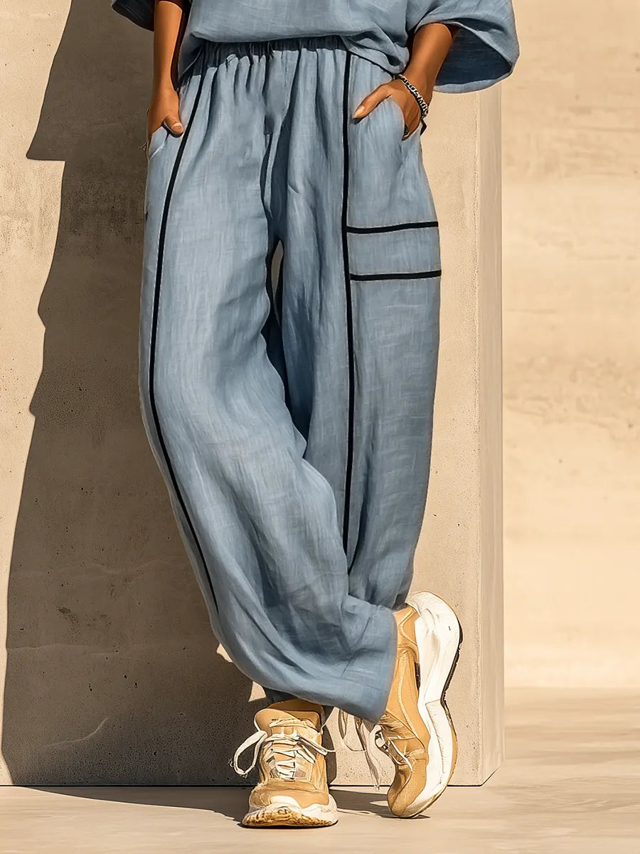 Women's Dusty Blue Linen Turtleneck Three Quarter Sleeve Top Contrast Stripe Drawstring Wide Leg Pants Two Piece Set MDZ0964G5YZJ