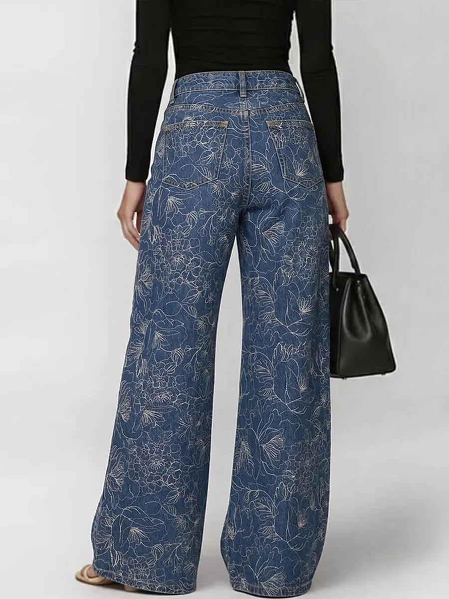 Women's Retro-print High-waisted Casual Loose Wide-leg Jeans