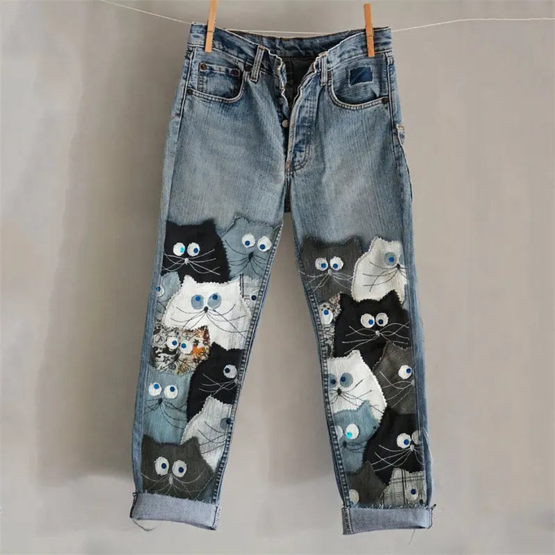 Lovely Crowded Cats Denim Fiber Art Washed Jeans
