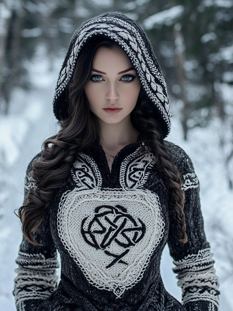 Women's Tribal Style Jacquard Cozy Knit Hooded Sweater