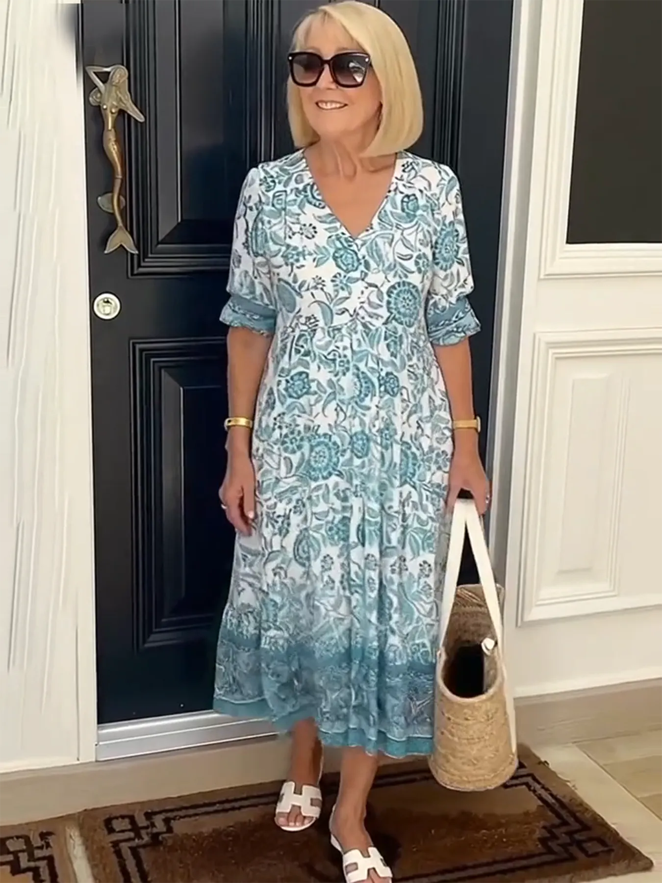 Boho Deep V Half Sleeve Dress Loose Floral Skirt Vacation Dress