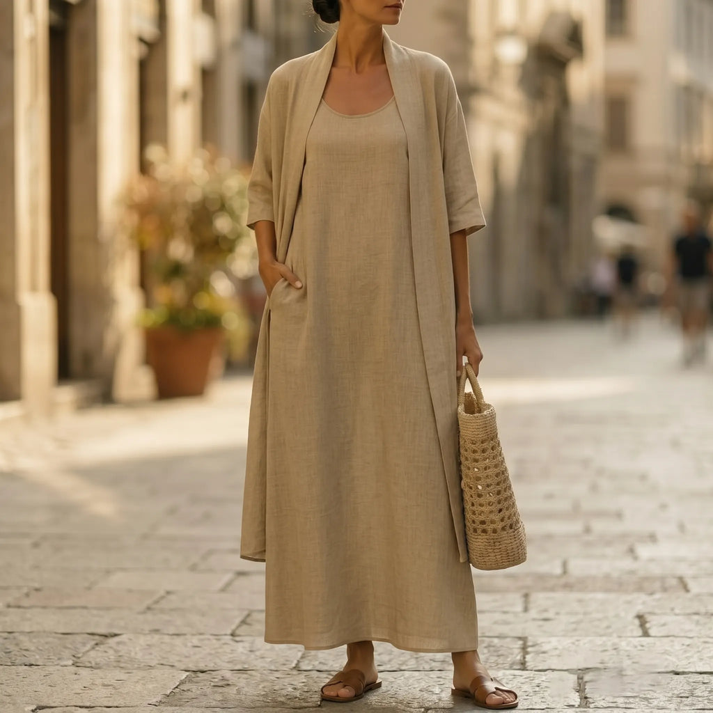 Lunavia – Women's Linen Cotton Two-Piece Set with Duster