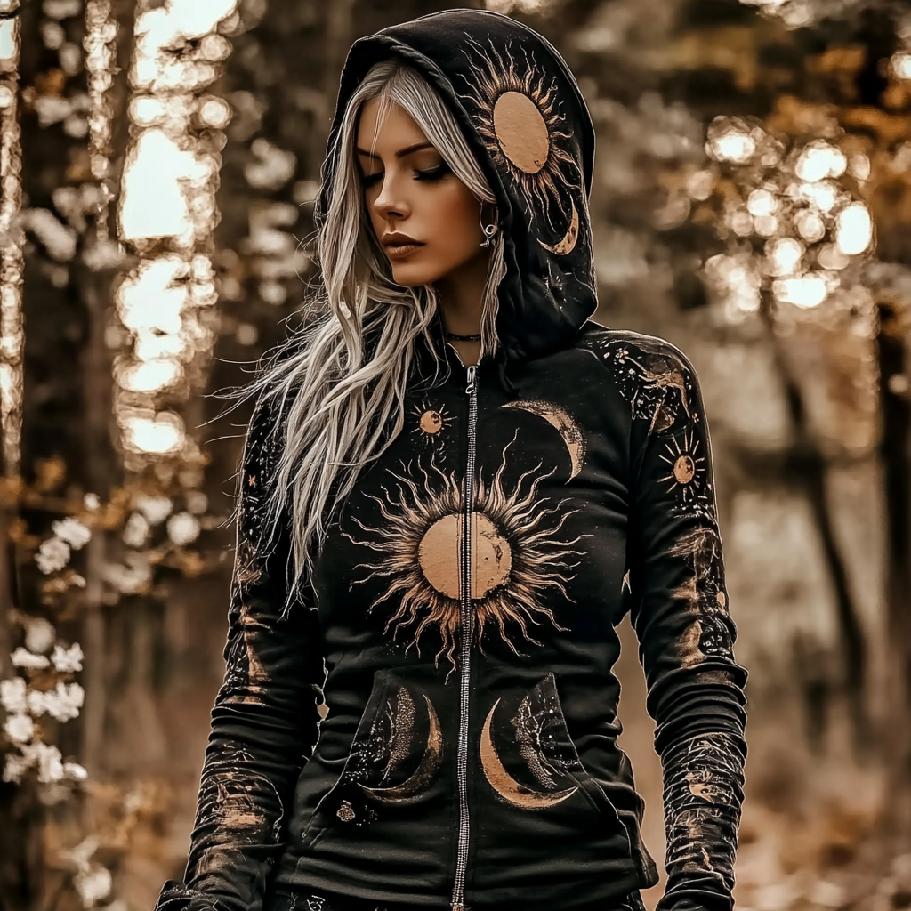 Vintage Mystical Tribal Stars And Moon Print Women's Zip Hoodie Jacket