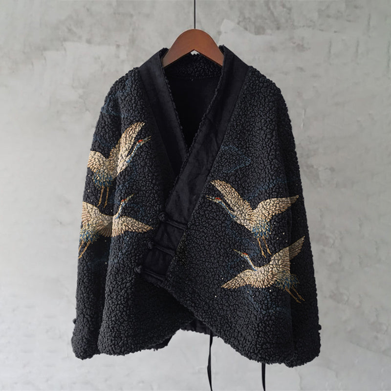 Vintage Japanese Crane Art Plush Kimono Cardigan