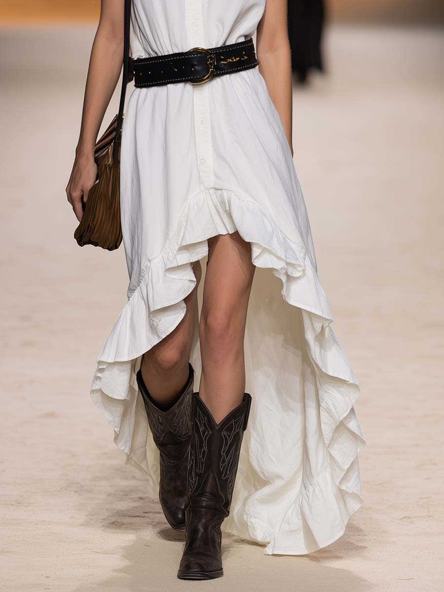 Retro Western White Cotton High-Low Ruffled Hem Shirt Maxi Dress
