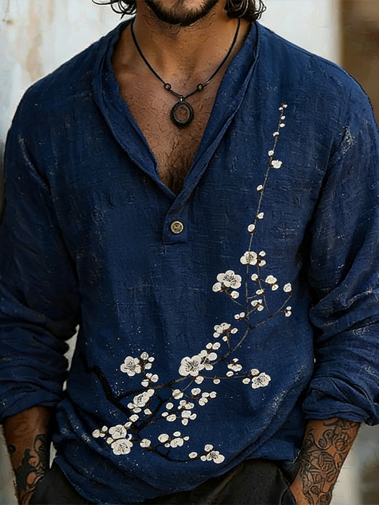 Japanese Art Retro Style Plum Blossom Pattern Men's Shirt
