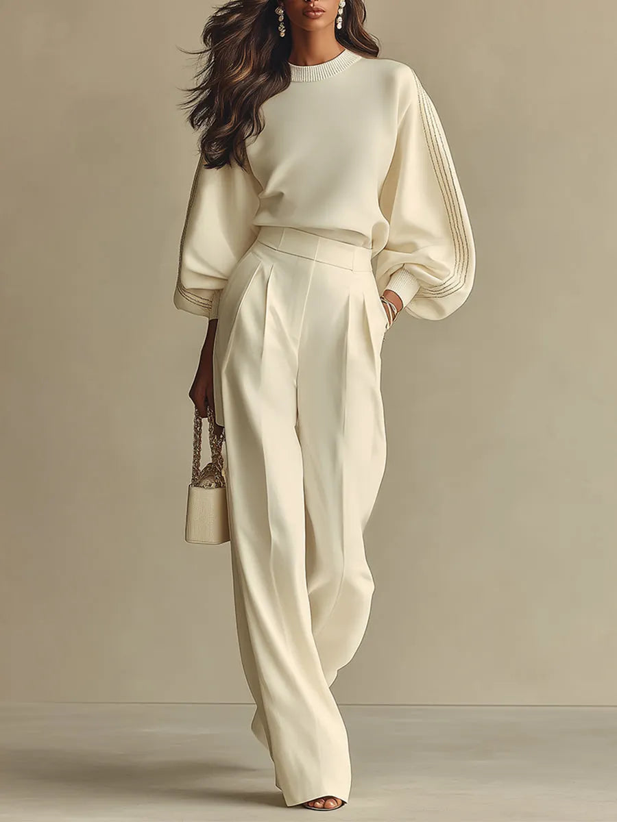 Women's Ivory Textured Set With Ribbed Crew Neck & High-Waisted Bottoms, Modern Sophisticated Style Set MDA2231L6I