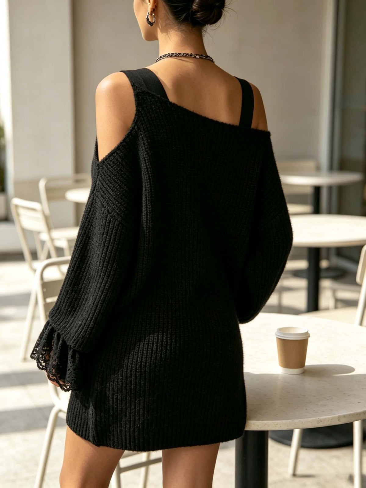 Black One Shoulder Knit Mini Dress With 3D Floral Applique And Lace Cuffs