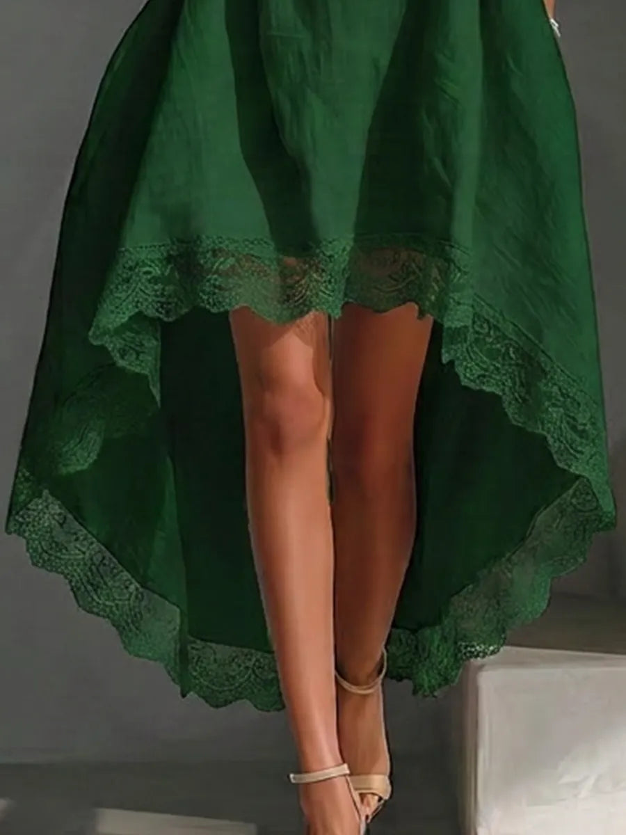Women's Forest Green Cotton-linen Blend Lace Trim High Low Hem V Neck Three Quarter Sleeve Loose Dress MDZ0784G0YZJ