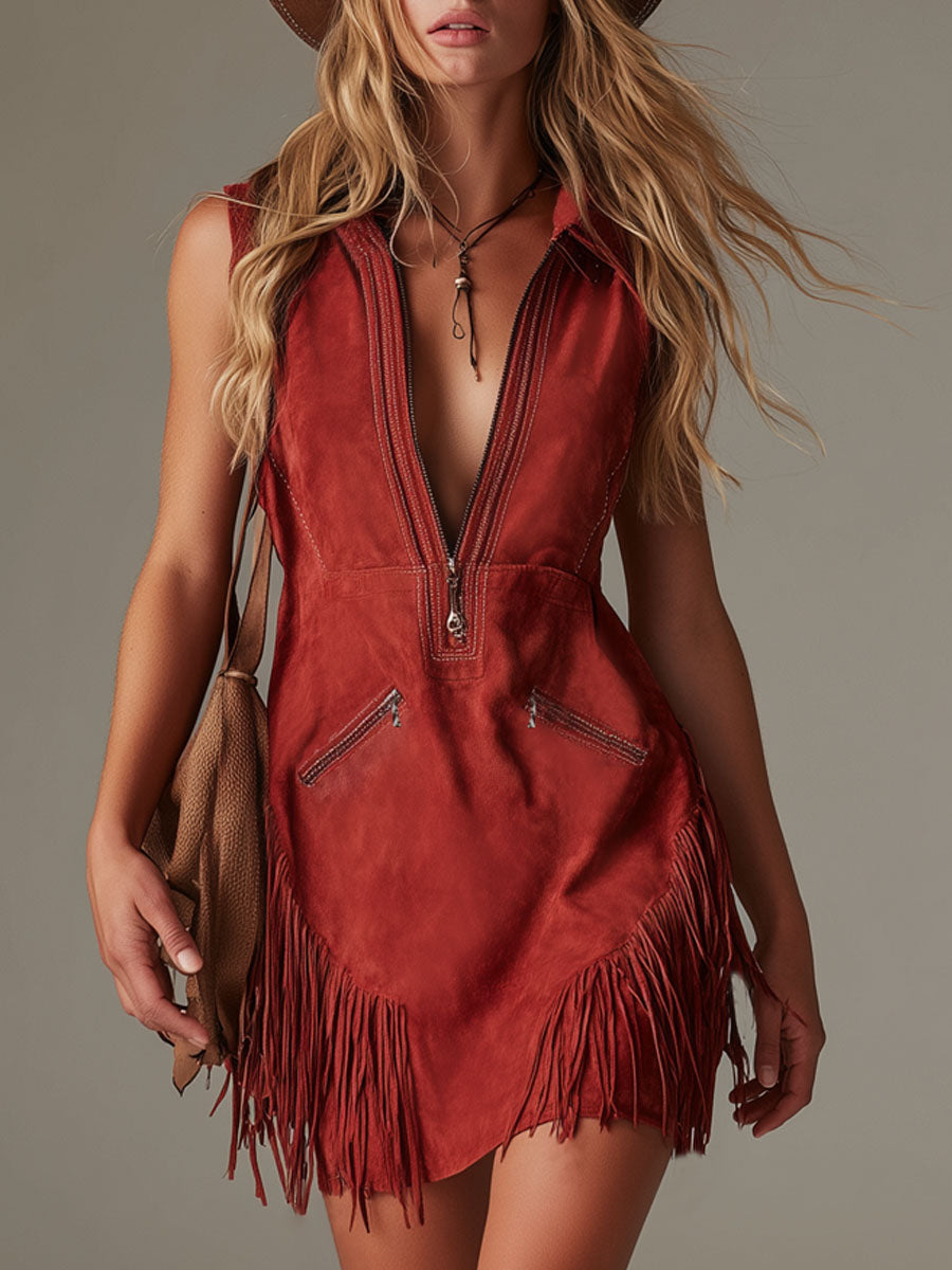 Lapel Zipper Tassel Faux Suede Sleeveless Mini Dress
