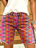 Women's Retro Geometric Floral Stripe Print Denim Bermuda Shorts