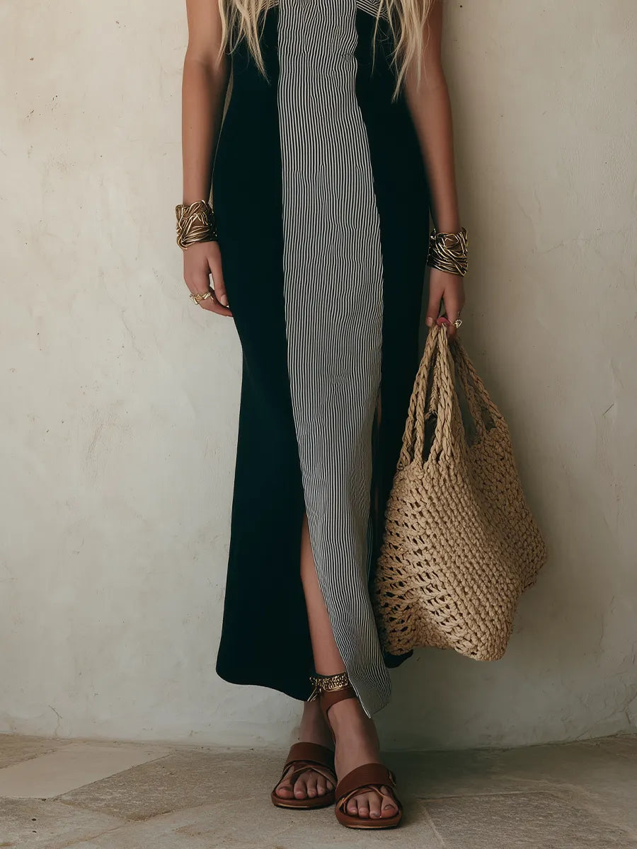 Effortless Evening Black Contrast Panel Halter Maxi Dress