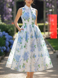 Maxi Cotton Dress, Sleeveless, Shawl Collar, Floral, Button Design, Vintage, Blue