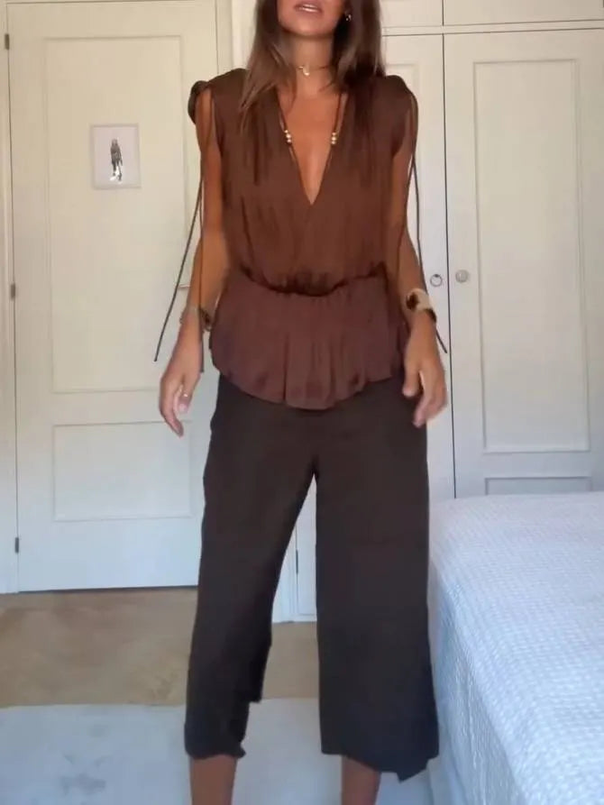 V-Neck Sleeveless Top And Shorts Suit-Top