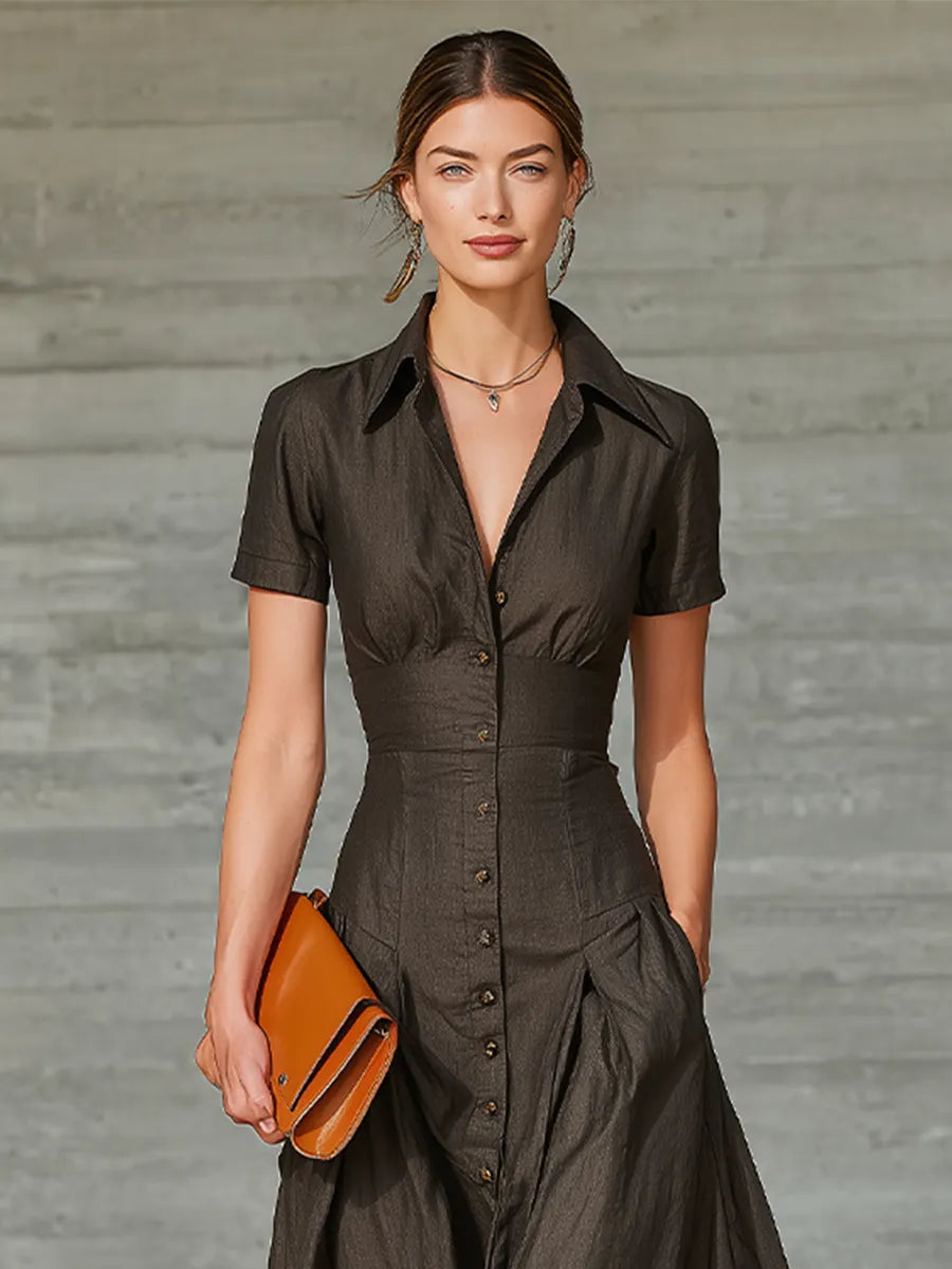 Women's Dark Brown Linen Blend Maxi Shirt Dress With Turn-Down Collar & Side Pockets, Elegant Waist-Cinched A-Line Long Dress MDZ1698G0LYL