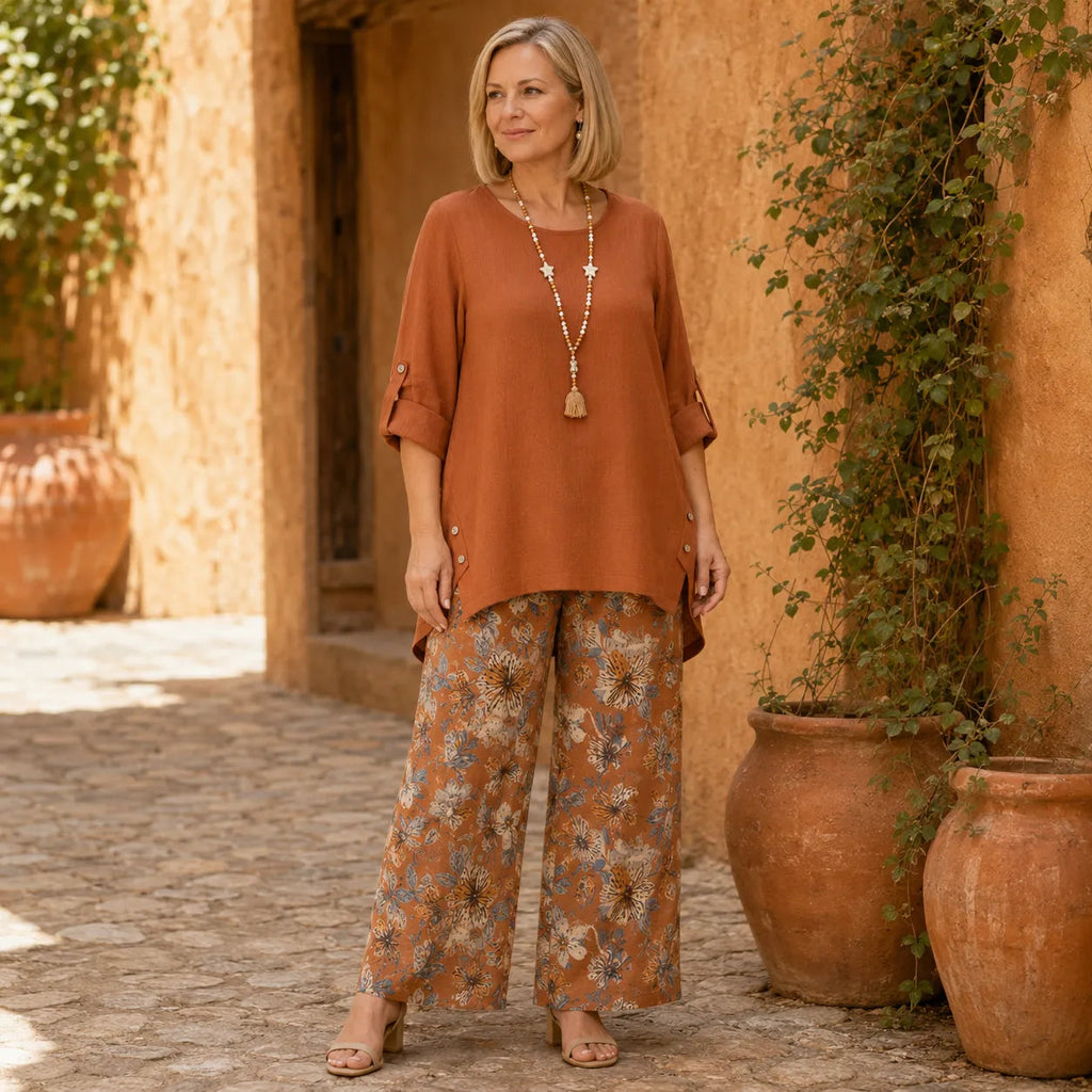 Solvea – Women's Draped High-Low Tunic & Wide-Leg Pants Set