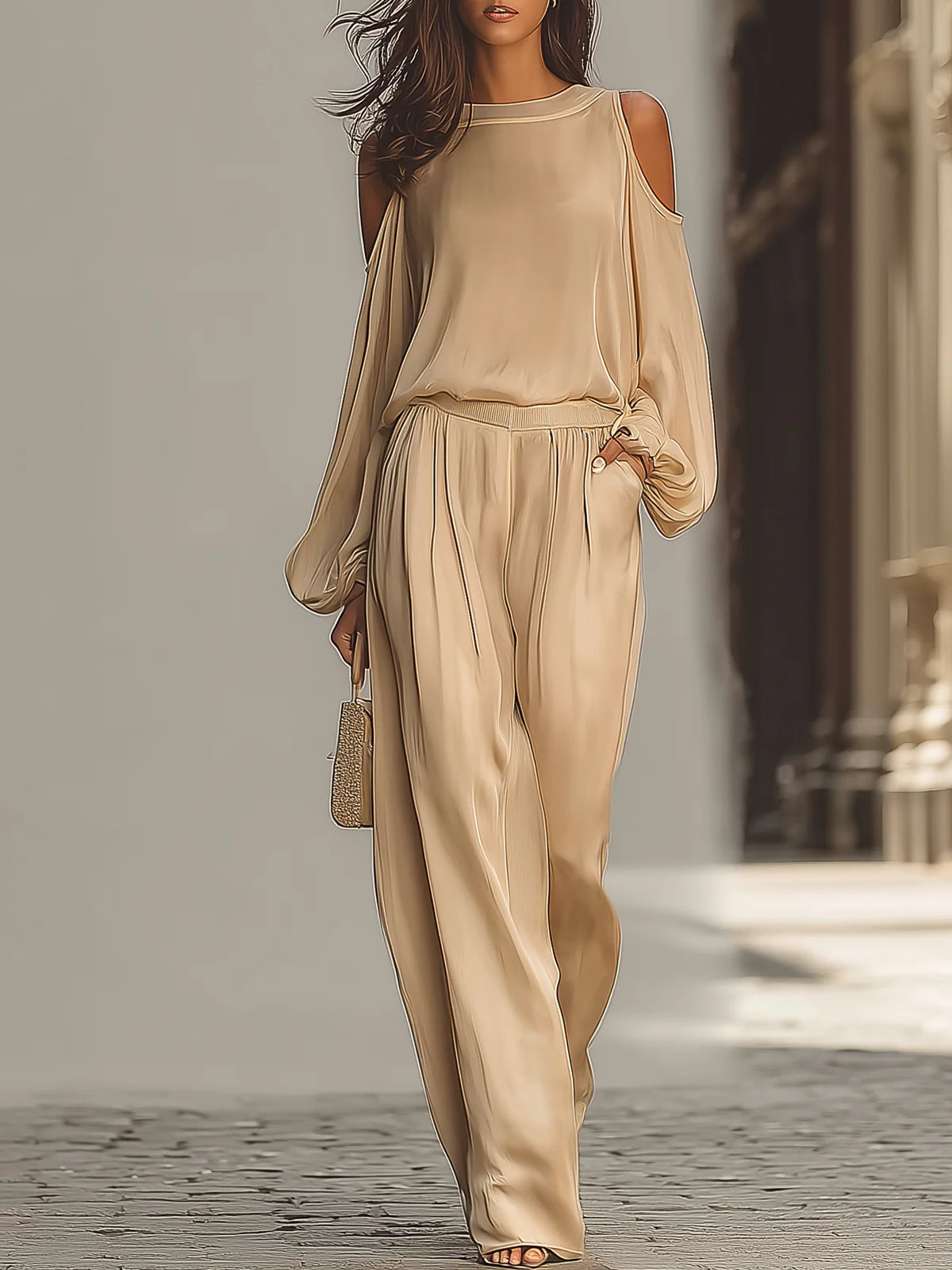 Off-the-shoulder Lantern Sleeve Satin Wide-leg Set
