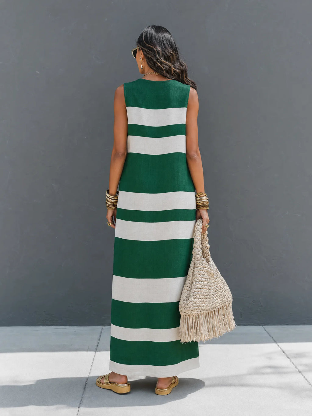 Women's Minimalist Color-Block Striped Sleeveless Maxi Dress MDZ3094F7WY