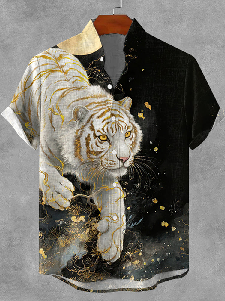 Men's Vintage Tiger Japanese Art Print Button Casaul Shirt