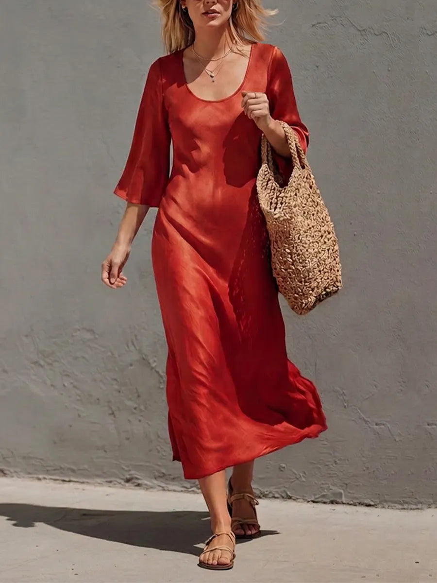 Women's Rust Red Satin Midi Dress With Wide U Scoop Neck & Flared Three Quarter Sleeves, Boho Elegant Flow Side Slit Vacation Midi Dress MDZ0171G2LYL