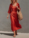 Women's Rust Red Satin Midi Dress With Wide U Scoop Neck & Flared Three Quarter Sleeves, Boho Elegant Flow Side Slit Vacation Midi Dress MDZ0171G2LYL