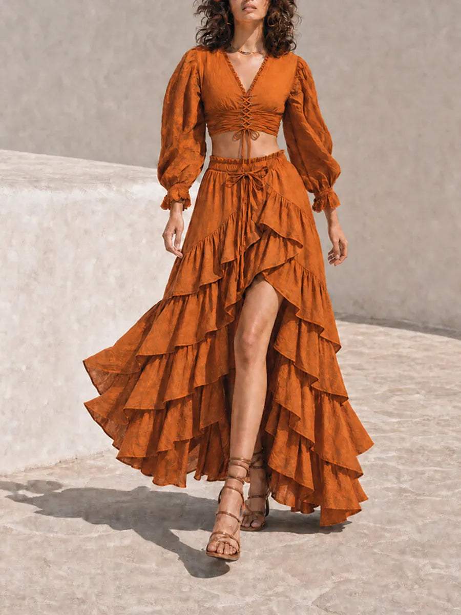 Caramel Lace-Up V-Neck Puff Sleeve Crop Top & Irregular Ruffle Maxi Skirt Two-Piece Set MDZ1708G3CMX