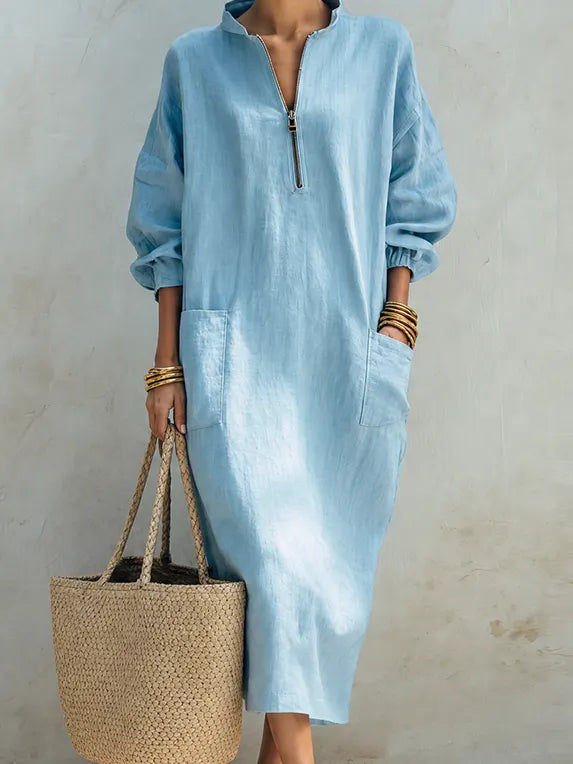 Women's Coastal Style Light Blue Linen Blend Stand Collar Half-Zip Long Sleeve Patch Pocket Oversized Maxi Dress MDZ1386G8ZSQ