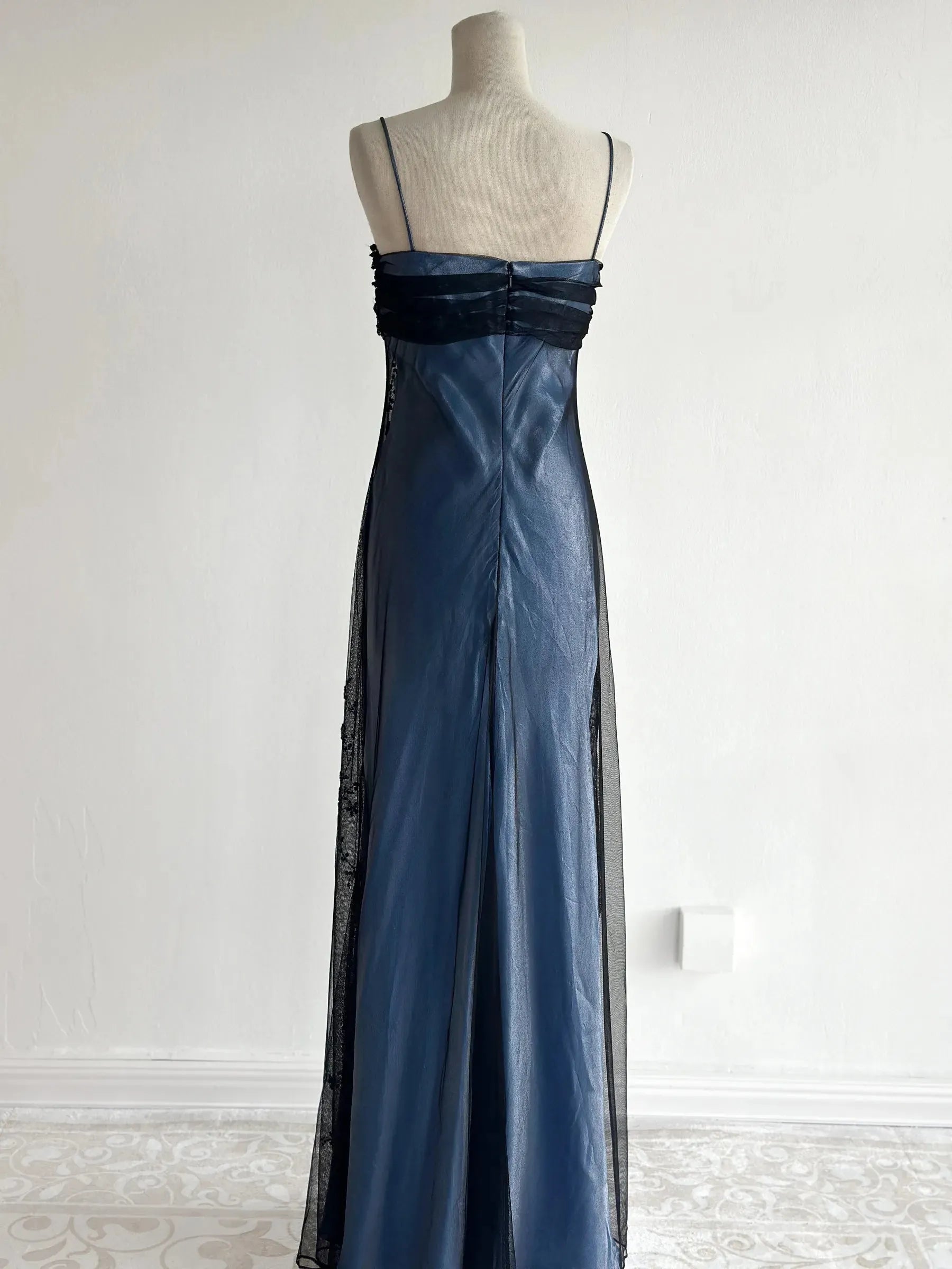 Navy Blue Tulle Beaded-Embroidered Sleeveless Floor-Length Vintage Gown