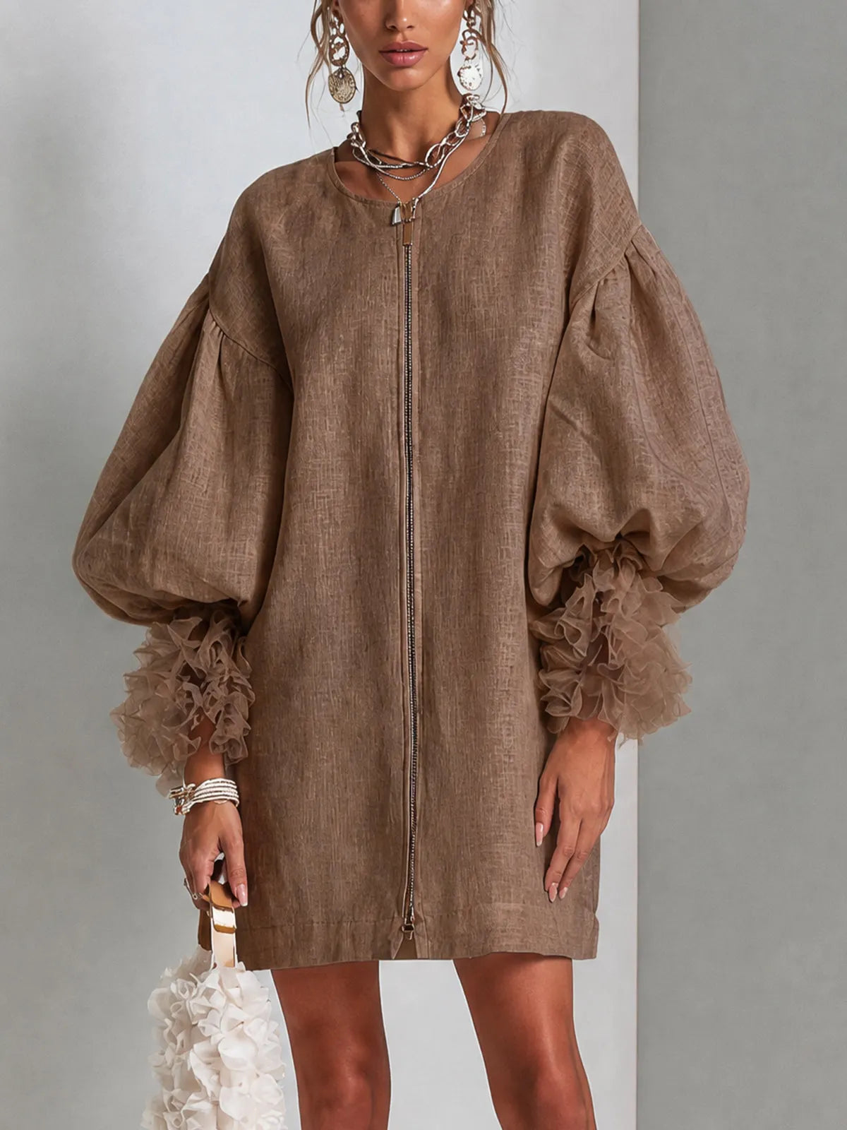 Brown Zip-Front Balloon Sleeve Mini Dress With Sheer Ruffle Cuffs