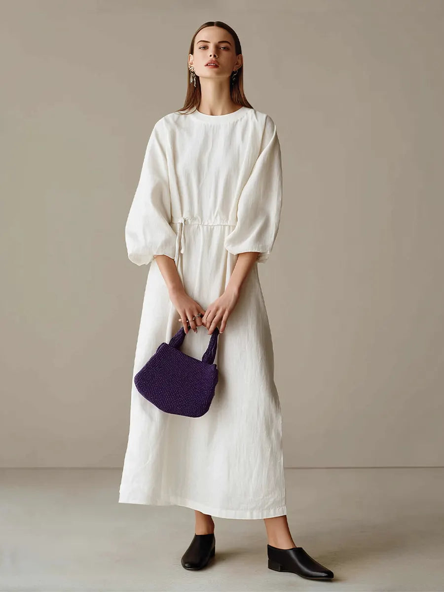 Women's Cream Textured Cotton-Blend Maxi Gown With Drop Shoulder Lantern Sleeves & Self Tie Waist Detail, Modern Effortless-Chic Everyday Maxi Dress MDZ0685G0LYL