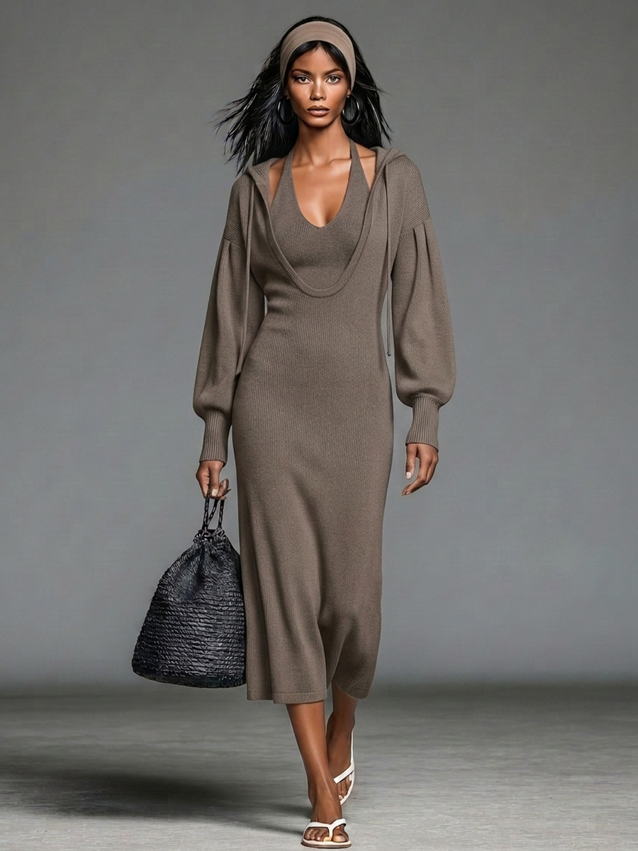 Women's Taupe Ribbed Knit Midi Dress With Faux Two-Piece Hooded Layer Design & Halter Neck Lantern Sleeves, Minimalist Casual Slim Fit Knit Midi Dress MDZ2414G5LYL