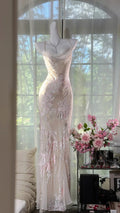 White lit pink floral fashion sexy elegant satin long prom dress evening gown wedding party dress