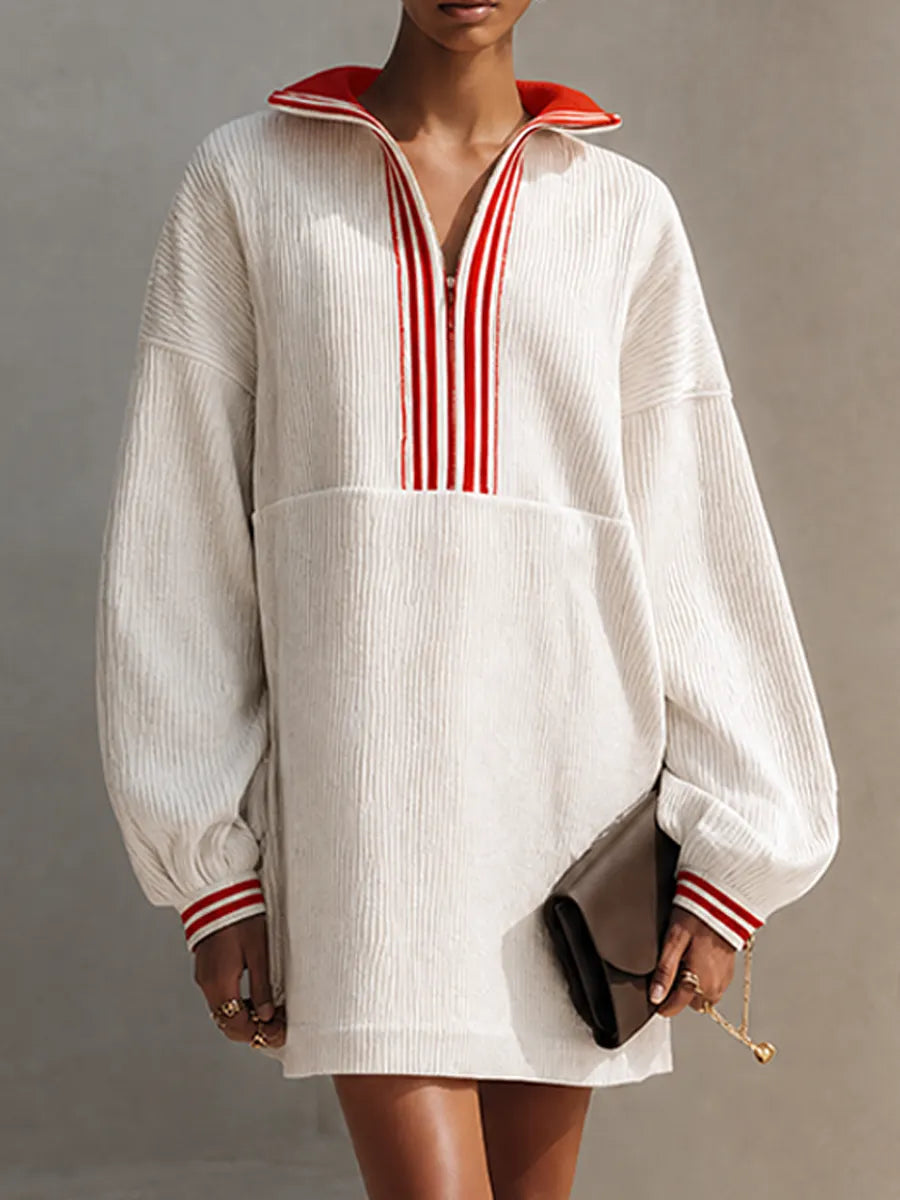 Women's White Ribbed Knit Red Contrast Collar Half-Zip Mini Dress MDZ2093G9ZRK
